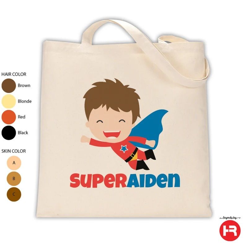 A shopping bag with a cartoon image of a superhero flying above the words 