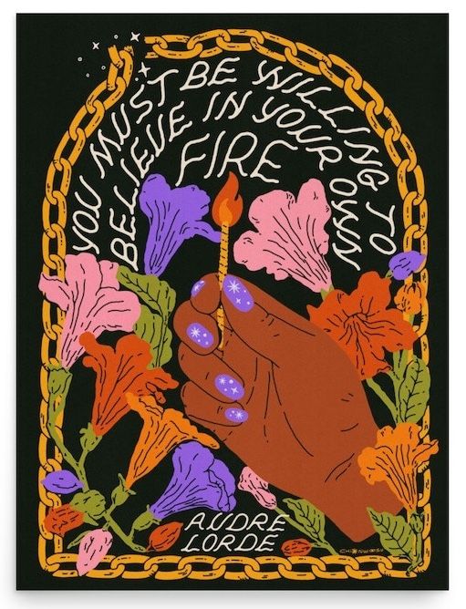 artwork of a hand with brown skin lighting a match and the text 