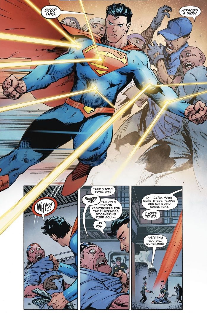 Superman leaps into a hail of bullets intended for Spanish-speaking workers. He then chastises the white supremacist who attacked them.