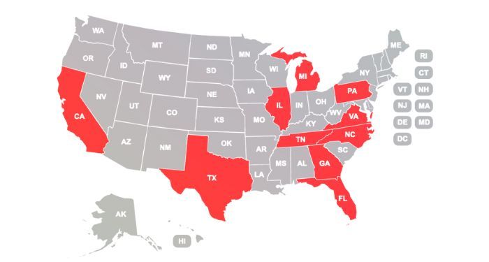 us map with 10 states filled in red that indicate the most bpl card sign ups. 