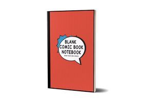 A book with a bright red cover titled "Black Comic Book Notebook"
