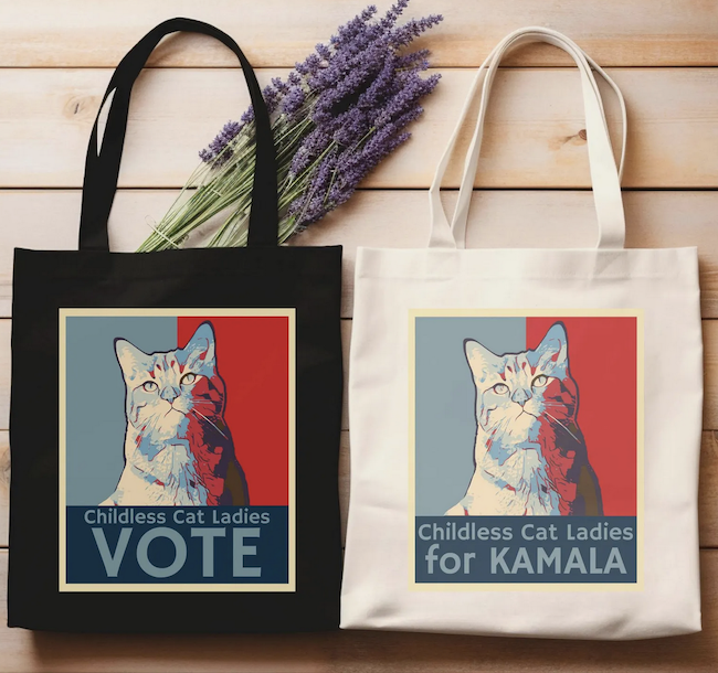 tote bags with a screenprint of a cat that say "childless cat ladies vote" and "childless cat ladies for Kamala"