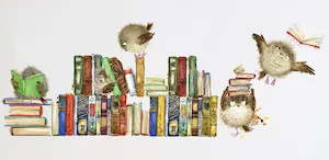 watercolor image of illustrated owls with stacks of books as a wall decal