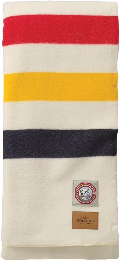 Pendleton Glacier National Park Wool Blanket with blue, yellow, and red stripe