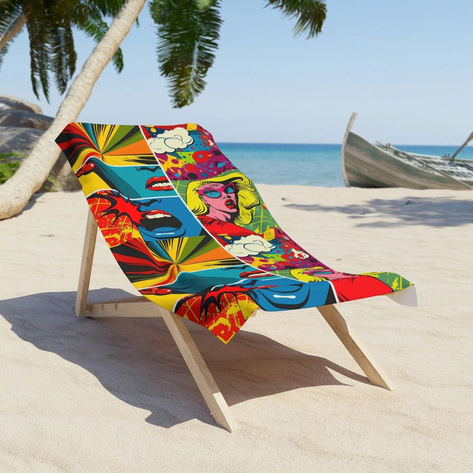 A beach chair made with a towel covered in retro comics images