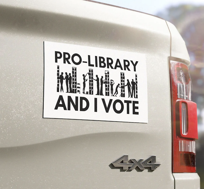 a bumper sticker with an illustration of library shelves and people that says "pro-library and I vote"