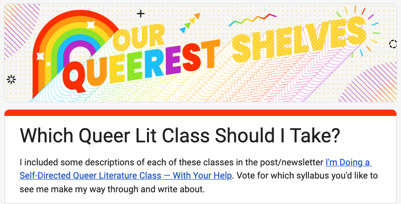 a screencap of a Google Form with the title Which Queer Lit Class Should I Take?