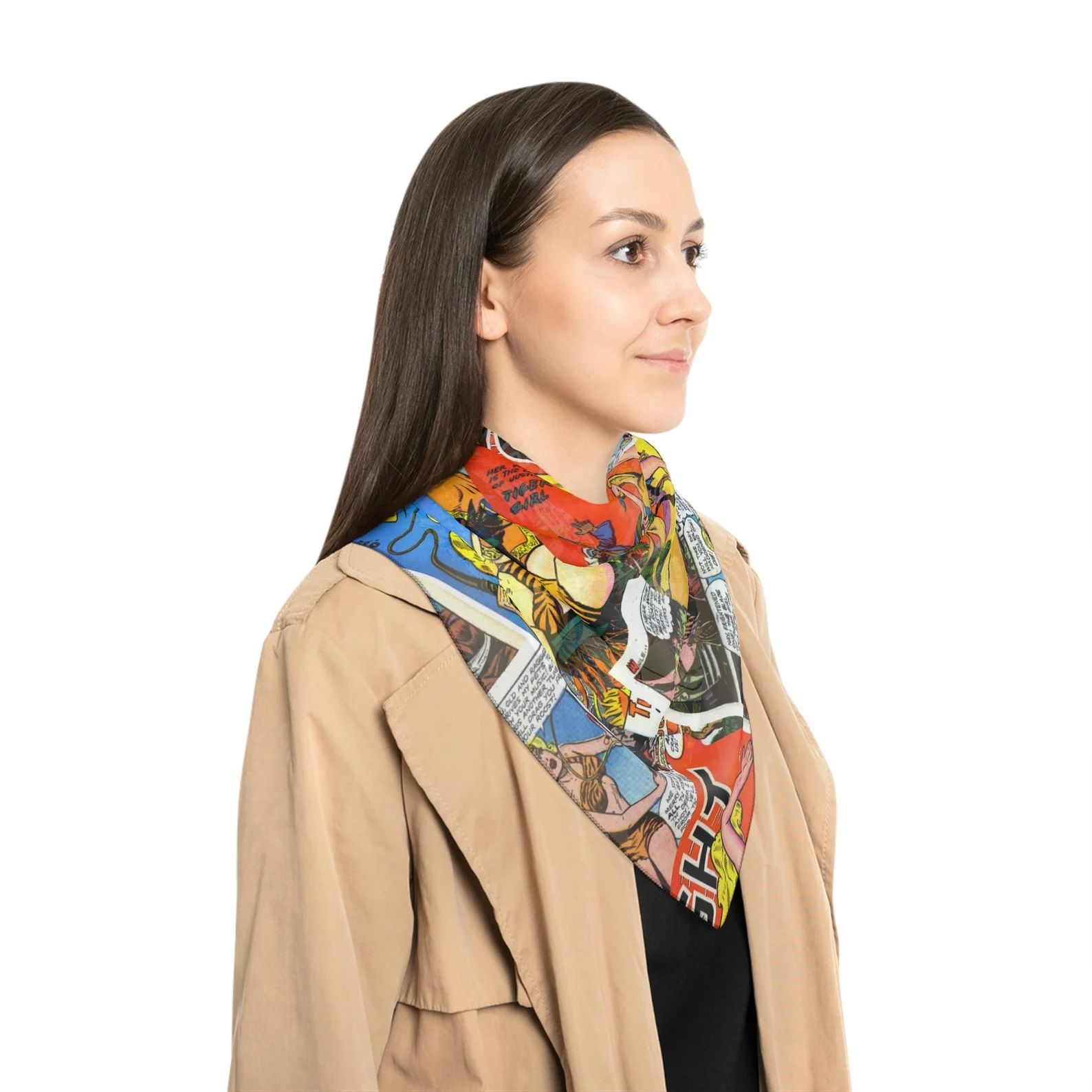 A woman wearing a scarf featuring images from Golden Age comics