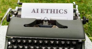 a type writer with a page coming out of it that says AI ETHICS