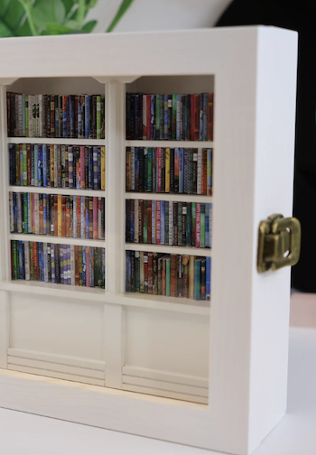 Miniature bookshelf with tiny books