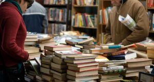 books piled up on a table in a bookstore feature