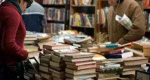books piled up on a table in a bookstore feature
