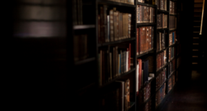 bookshelves in a dark room