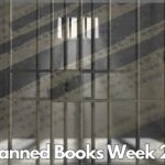 image of a jail cell superimposed on a censored book page. there is white text that says "prison banned books week 2024."