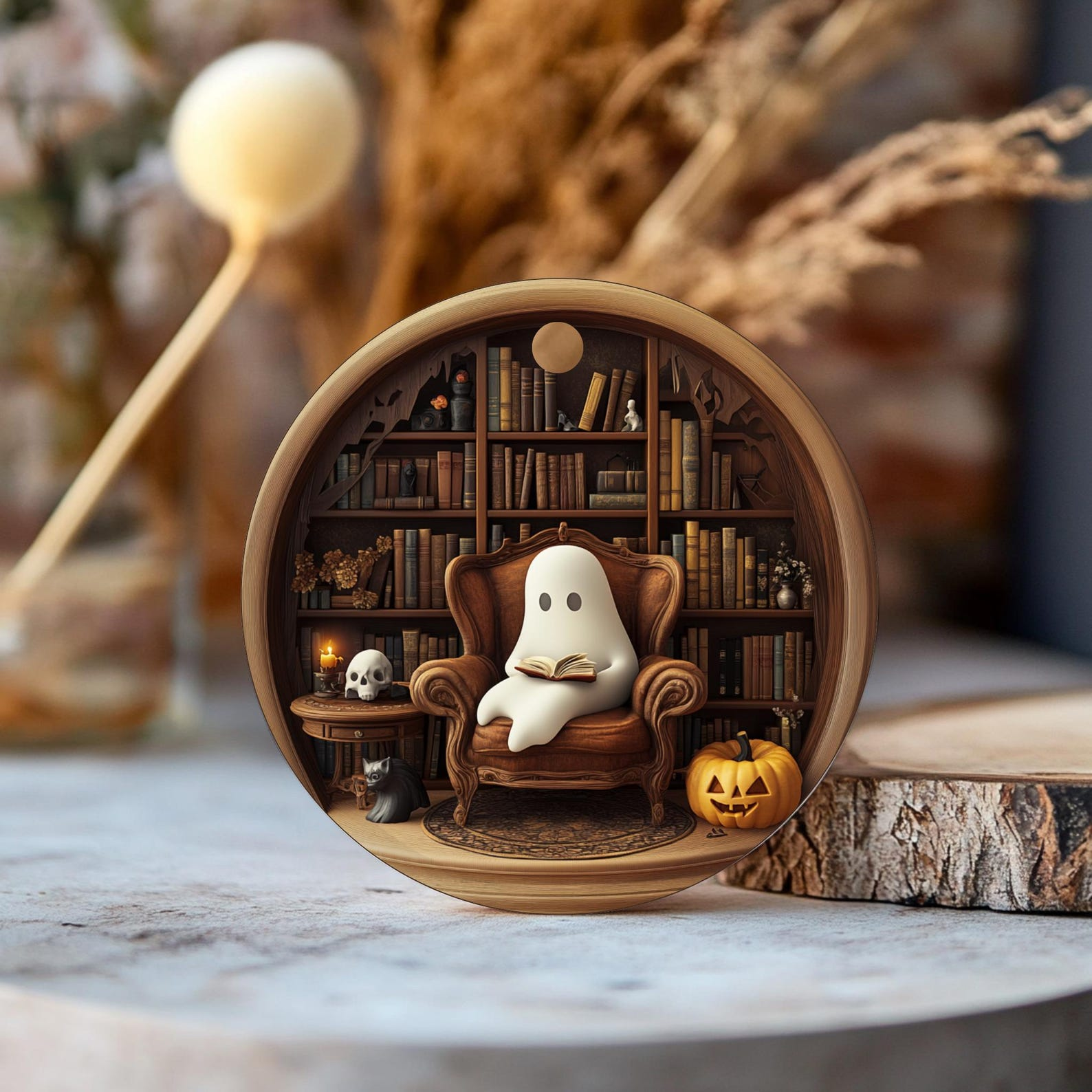 ghost reading book ornament