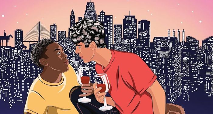 cropped cover of I'll Have What He's Having by Adib Khorram showing an illusrated Black man and Iranian man drinking wine and embracing