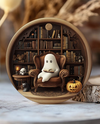 A miniature of a ghost reading in a library