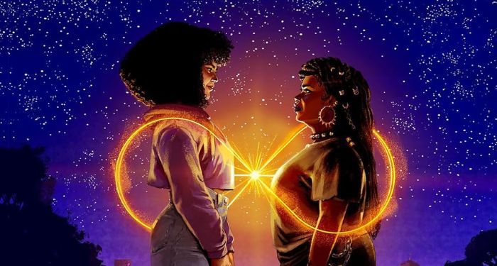 cropped cover of Spells to Forget Us by Aislinn Brophy shpwing two Black girls connected by a beam of light in the shape of an infinity symbol