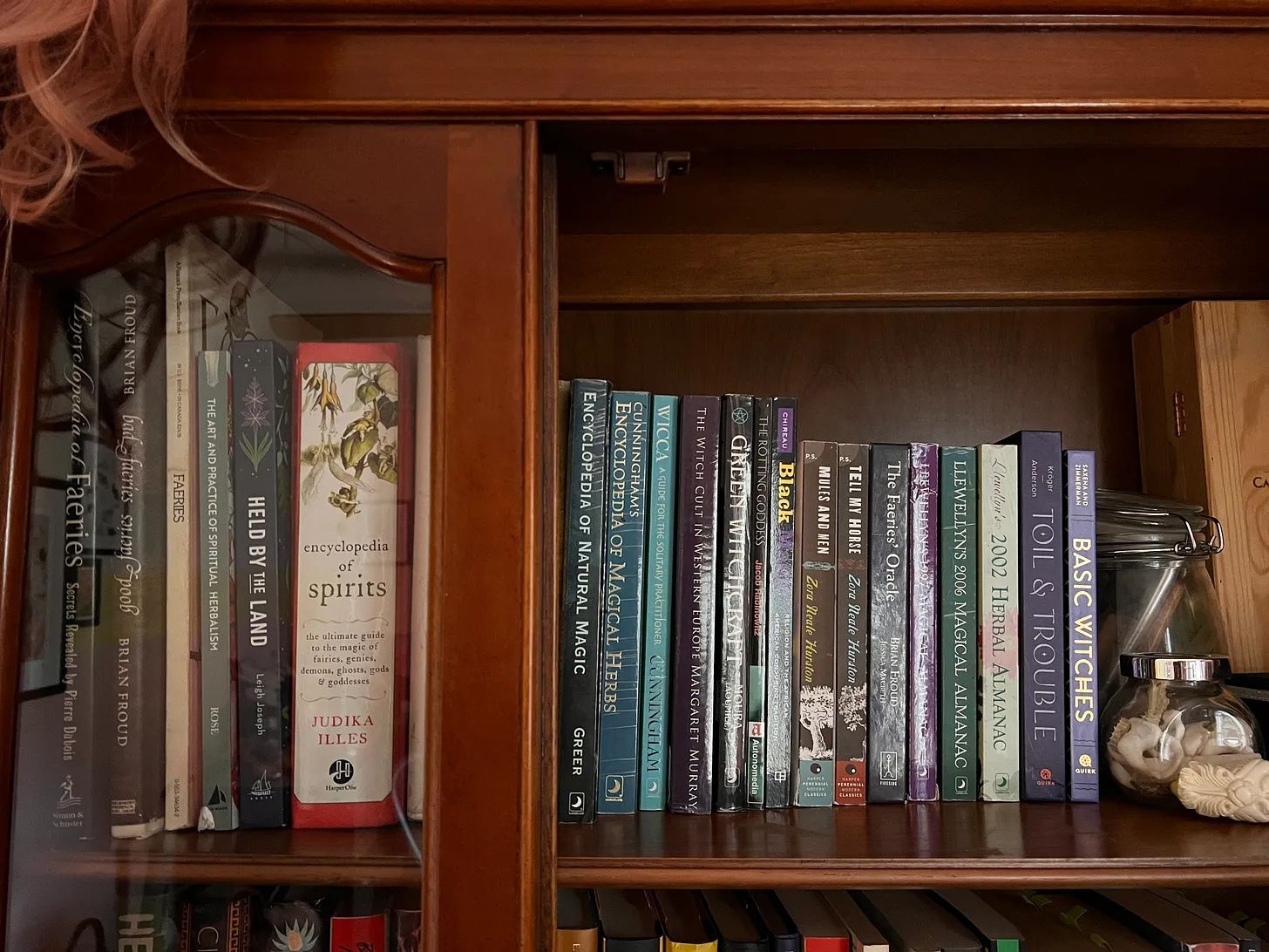 A selection of occult books on a shelf in a wooden hutch