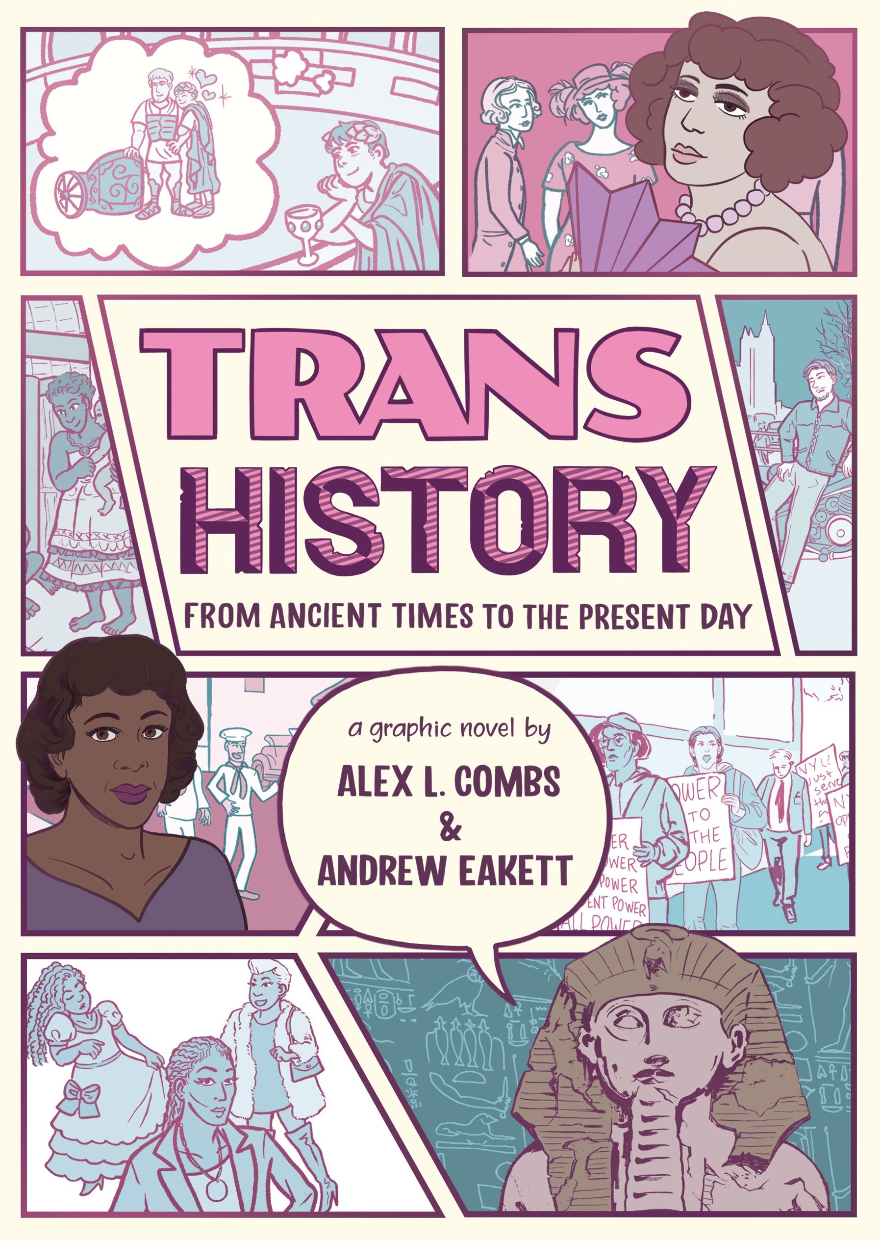 the cover of Trans History: A Graphic Novel showing panels of illustrations from different events in transgender history