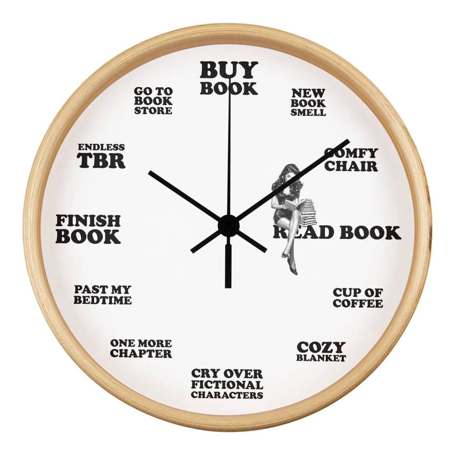 Clock with book times like "buy book" on a white wall.