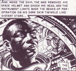 A black and white panel from "Judgment Day." A Black astronaut sits in a spaceship, beads of sweat glistening on his face. The caption reads: "And inside the ship, the man removed his space helmet and shook his head, and the instrument lights made the beads of perspiration on his dark skin twinkle like distant stars..."