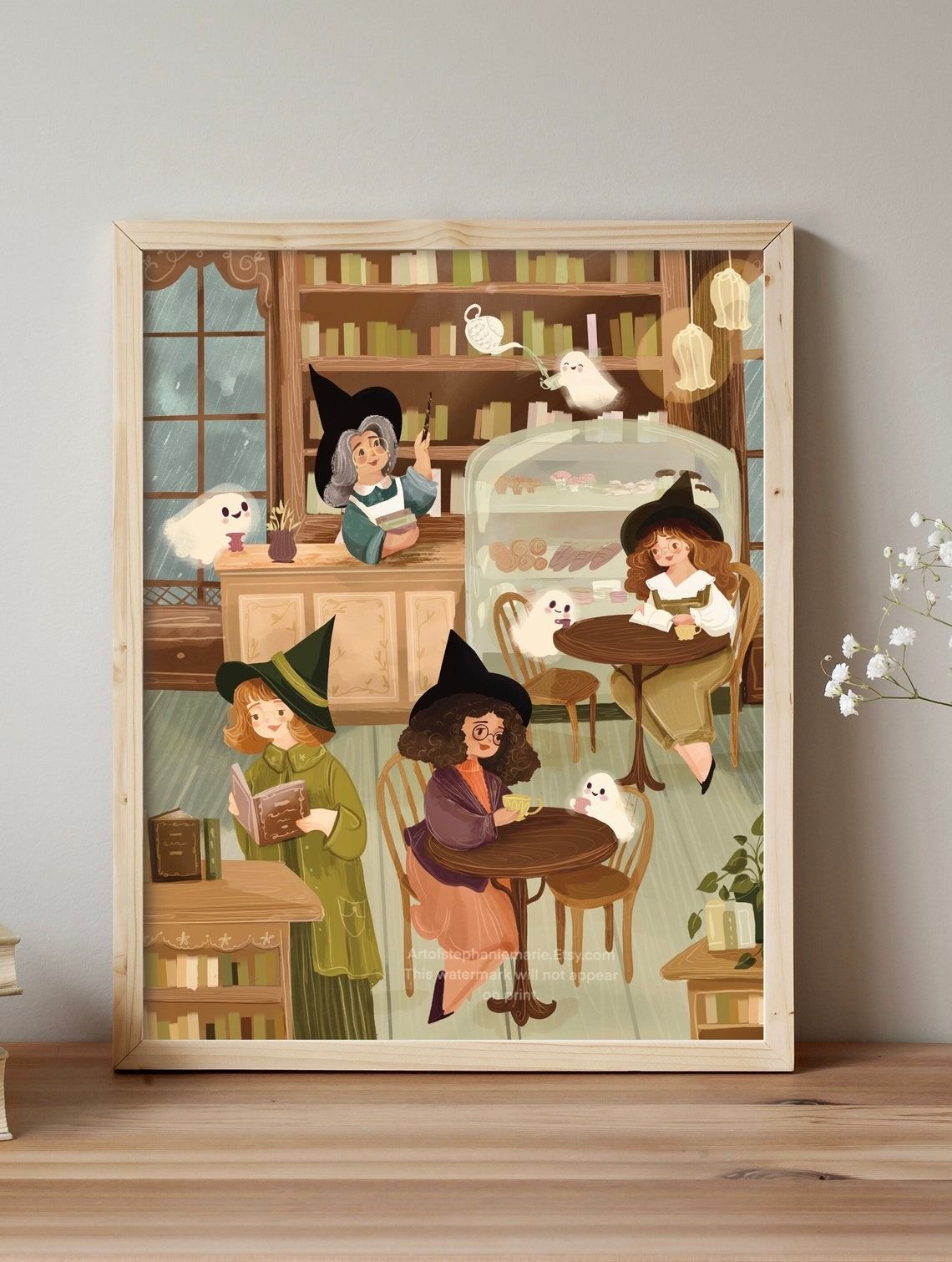 an illustrations of witches and ghosts in a cafe with books