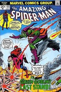 The cover of Amazing Spider-Man #122, showing Spider-Man holding Gwen Stacy's dead body, while the Green Goblin flies to attack him on his glider.