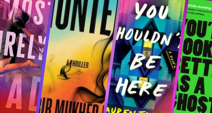 cropped covers of four mystery novels with colorful book covers