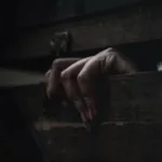 a hand emerging from a trunk in the darkness