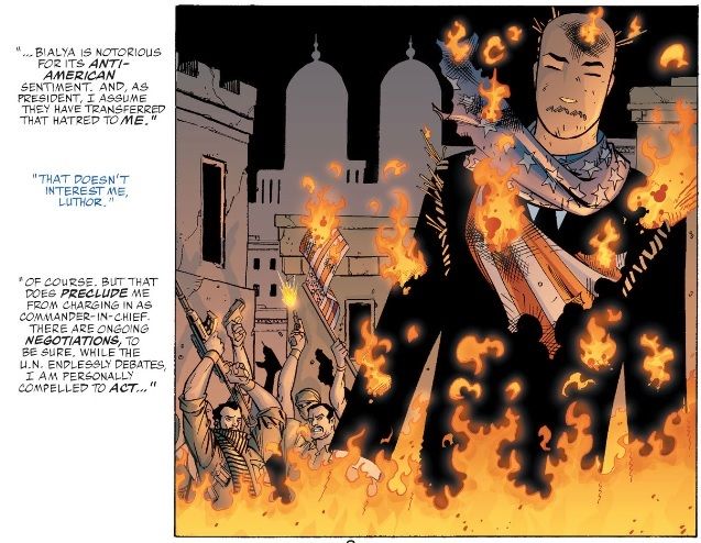 Text relays Superman and Luthor's discussions about Bialya. The image shows Bialyans burning Luthor in effigy.