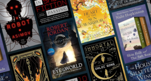 a collage of SFF books on sale