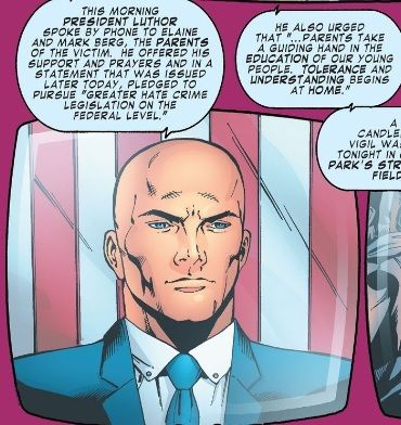 A TV announcer says that President Luthor condemns a homophobic hate crime and urges parents to teach tolerance.