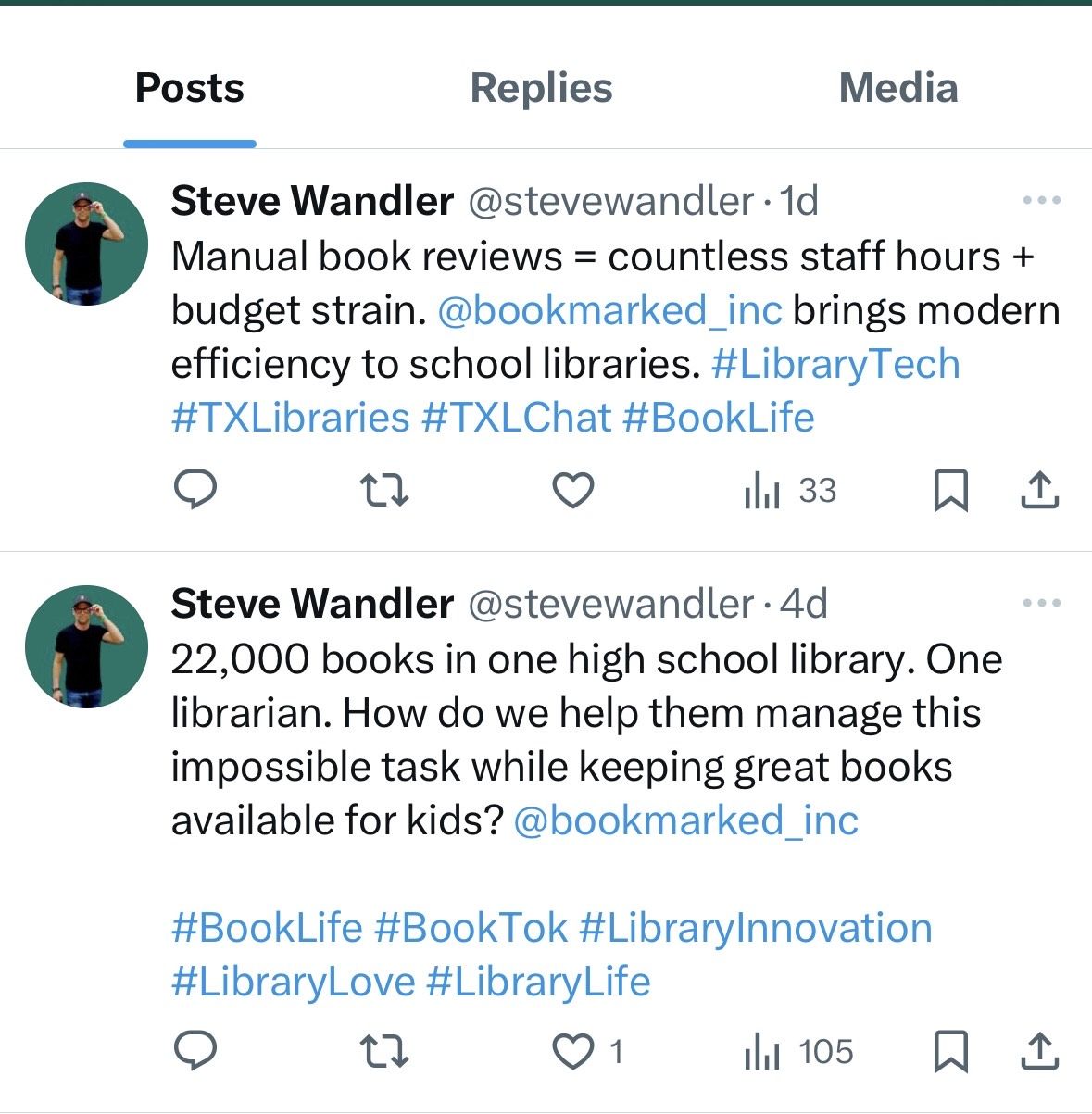 screen shot of two tweets from Steve Wandler, creator of BookmarkED/OnShelf, about why his program is so great. 