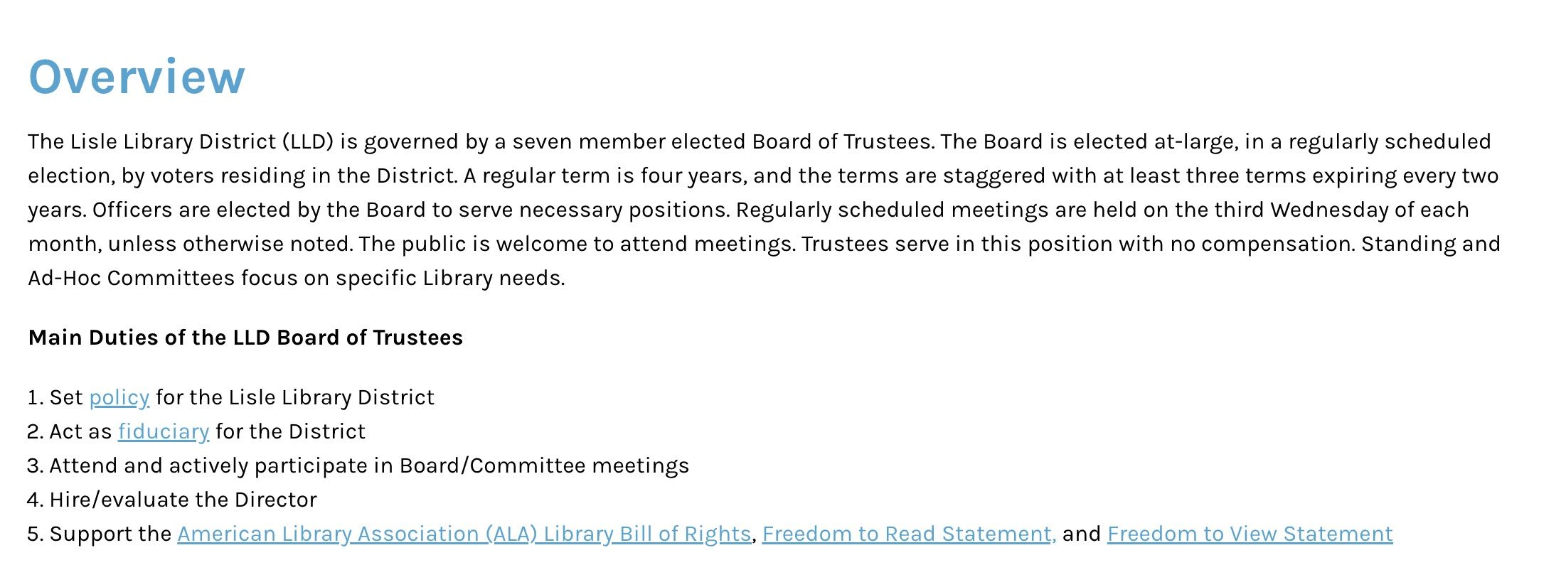 Screenshot of the overview of the duties for the Lisle Library District's board of trustees. 