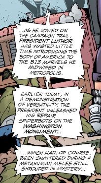 Dialogue from a TV announcer describes how Luthor's spiderbots repaired the Washington Monument