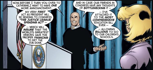 Lex Luthor stands at a lectern and discusses his first act as president of the United States.