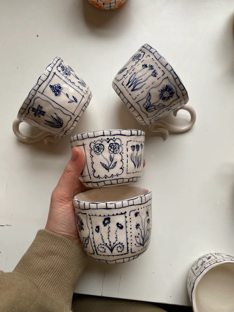 handmade blue floral ceramic mugs