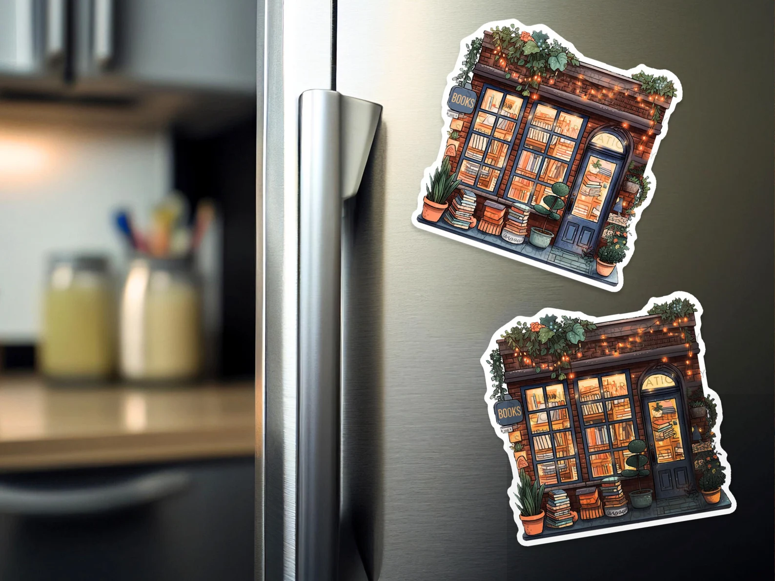 two magnets in the shape of a bookshop on a refrigerator 