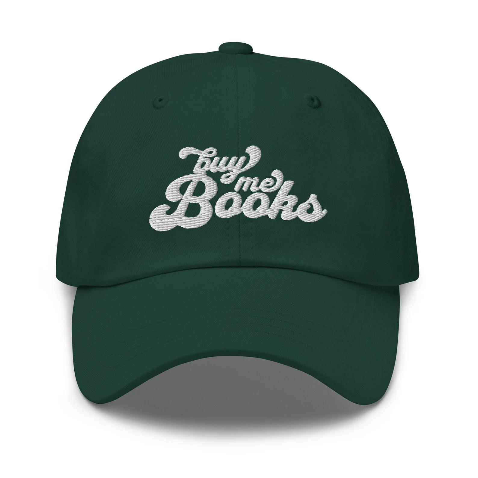 image of a green hat with white embroidery that reads "buy me books."