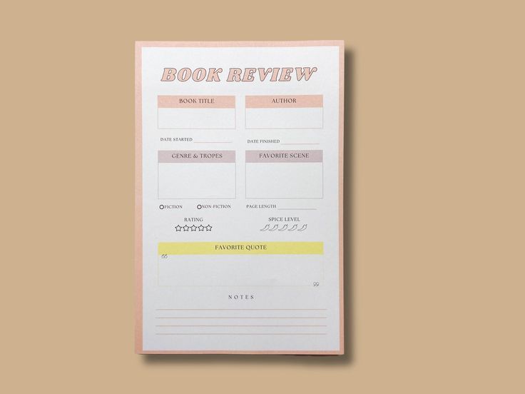 sticky note pad title Book Review in pink bubble font and places to add ratings, tropes, and other details 