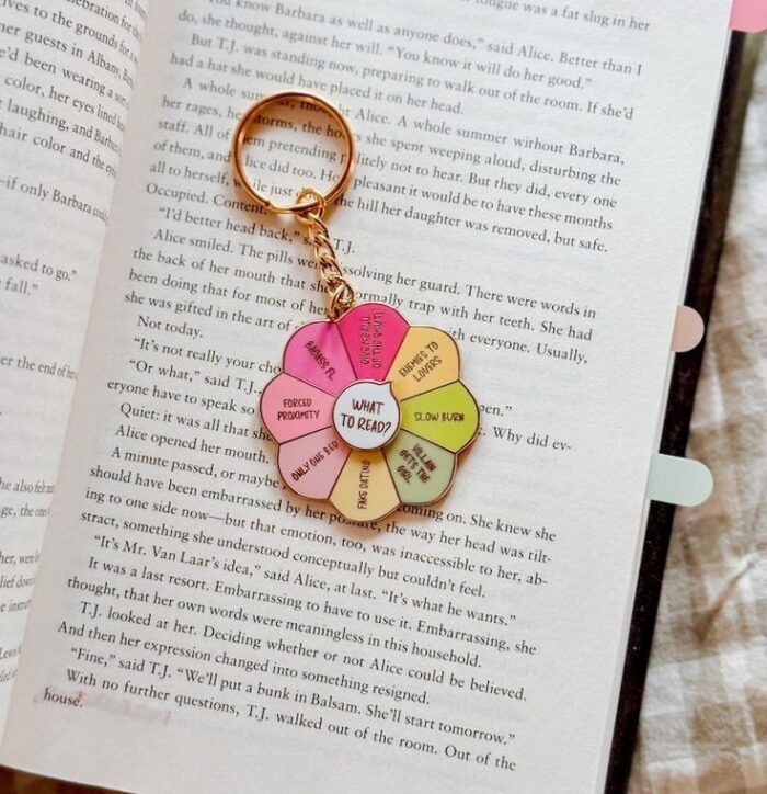 gold key ring with a floral shaped charm where each petal is a book trope and a free moving spinner in the middle