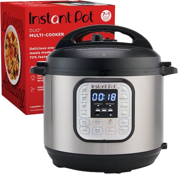 a silver and black Instant Pot Duo pressure cooker