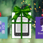 the libro.fm logo, the bookshop.org logo, and an image of an ereader all with gift bows atop them against a blurred holiday-themed background