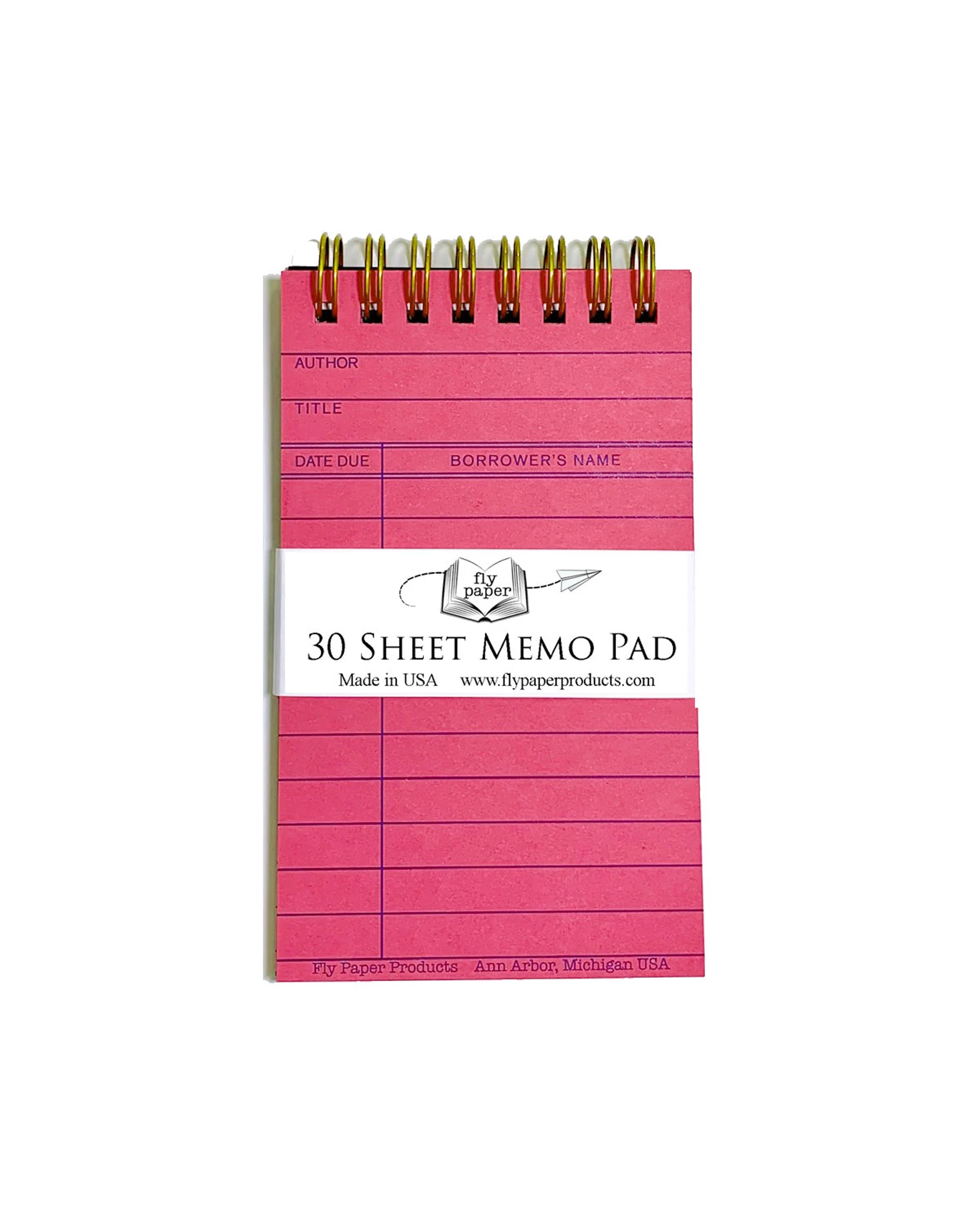 Image of a pink memo pad that is styled like a library due date card. 