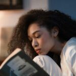 light-skinned Black woman with big, kinky hair reading with her chin resting on her knee