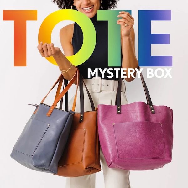 a woman holding three leather tote bags in different colors with text that reads "Tote Mystery Box" hovering over her torso