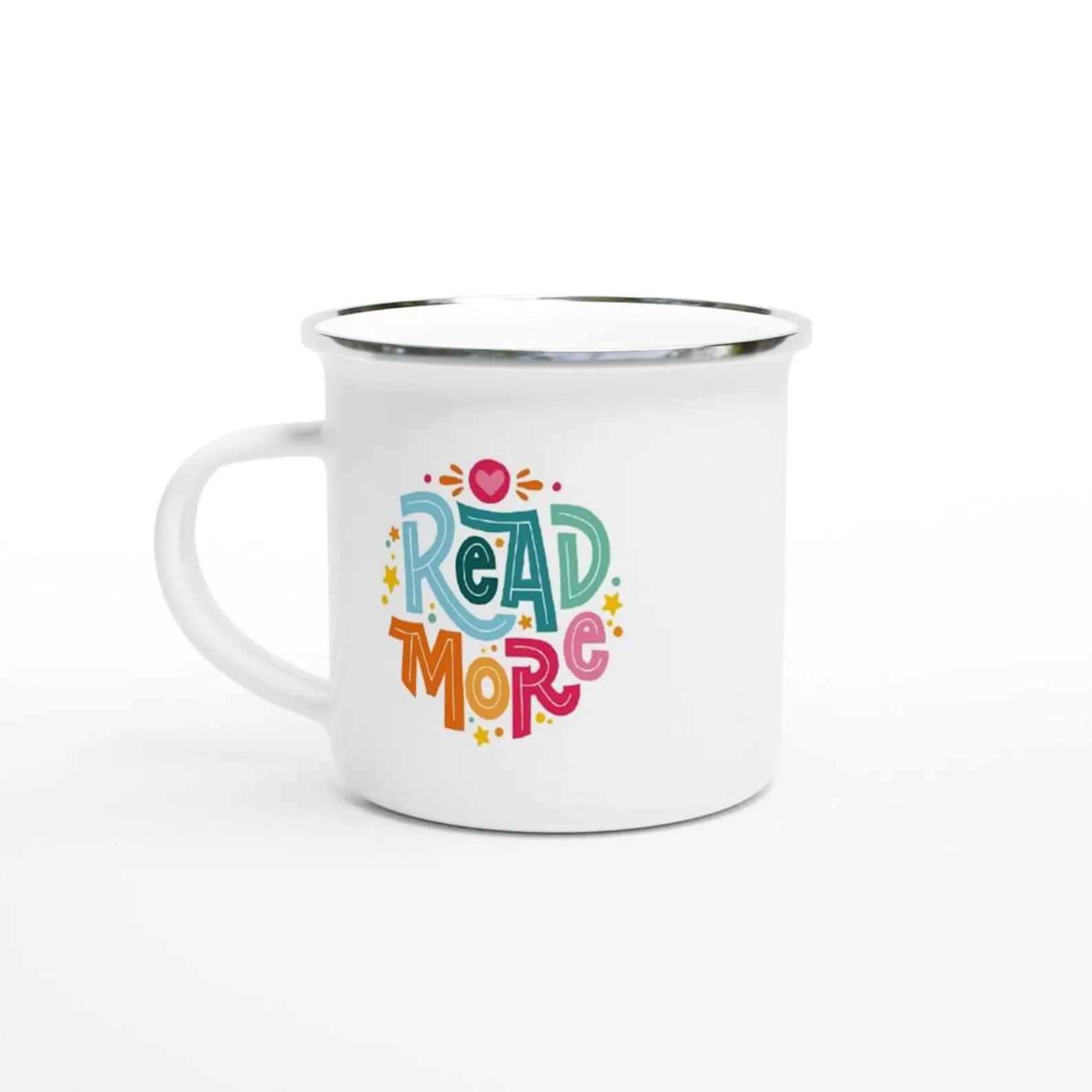 Image of a white enamel/camping style mug. The design is a bright and colorful font-driven image that says "read more."