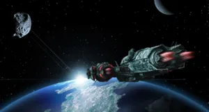a spaceship flying over a planet