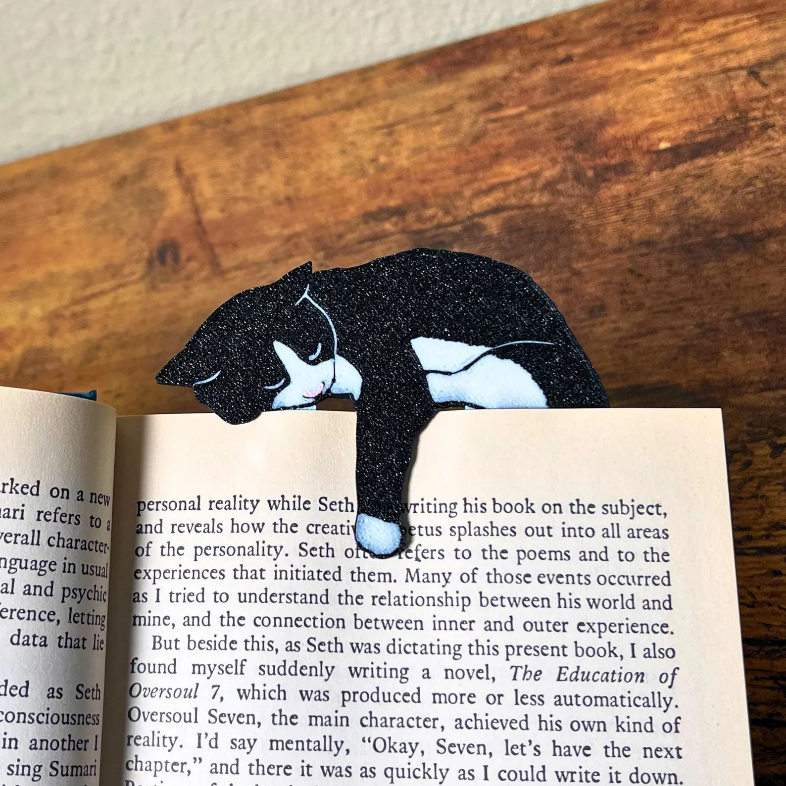 image of a glittery tuxedo cat bookmark.